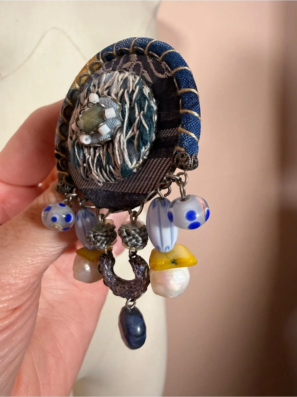 Ayala Bar artisan mixed media blue oversized brooch pendent
